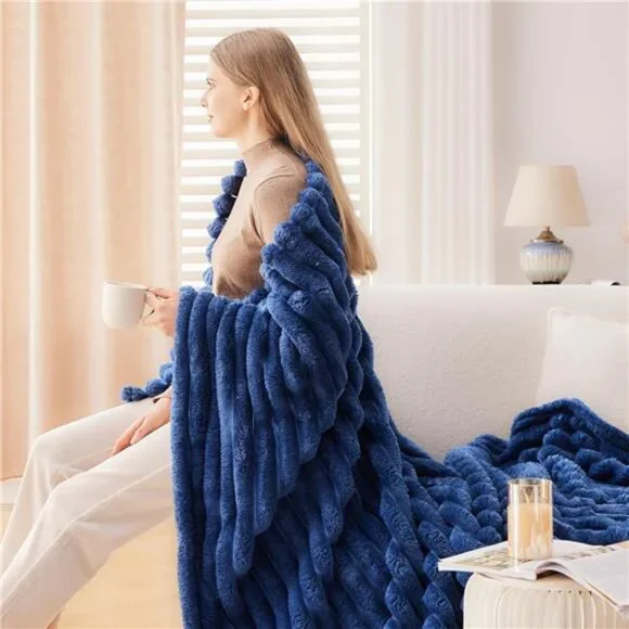 Super Soft Throw Blanket Navy Premium Silky Flannel Fleece 3D Ribbed 50"x60" - Picture 5 of 6